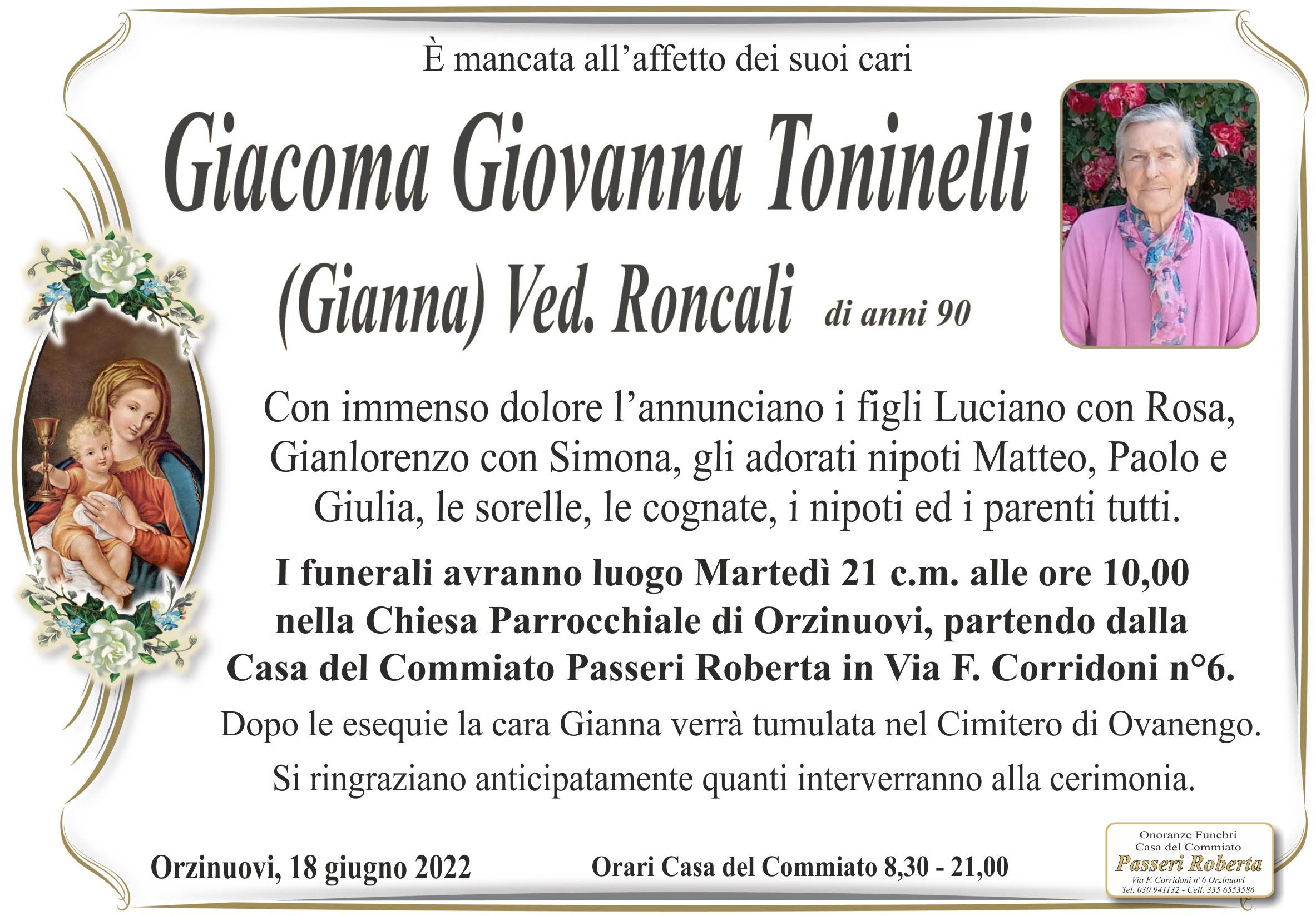 Giacomina Giovanna Toninelli - Onoranze Funebri Passeri